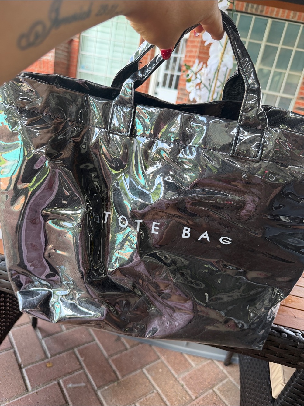 Iridescent Black PVC Tote Bag with 'TOTE BAG' Lettering